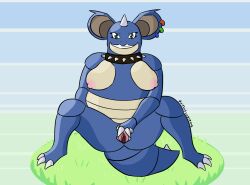 generation_1_pokemon genitals hi_res looking_at_viewer nidoqueen nintendo pixiecatsupreme pokémon_(species) pokemon pokemon_(species) pussy sitting smile smiling_at_viewer smug spread_legs spread_pussy spreading video_games