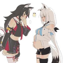 3girls after_vore black_hair blonde_hair breasts cleavage ear_piercing female_only fox_ears fox_girl fox_tail holding_belly hololive hololive_gamers horns implied_vore long_hair midriff miniskirt norigure18 ookami_mio post_digestion post_vore sheep_girl sheep_horns shirakami_fubuki stomach_bulge stuffing tagme thick_thighs tight_clothing tsunomaki_watame virtual_youtuber vore white_hair wolf_ears wolf_girl wolf_tail x_eyes yellow_eyes