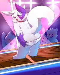 anthro anus ass badcat clothing fur generation_3_pokemon group hi_res male nintendo pokemon pokemon_(species) pole presenting presenting_hindquarters purple_body purple_fur standing stripper stripper_pole underwear video_games white_body white_fur zangoose