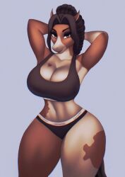 2022 anthro aozee arms_behind_head big_breasts black_eyeshadow black_hair black_pupils breasts brown_body brown_eyes cleavage digital_media elise_(bx35) equine equine_humanoid eyebrows eyelashes female female_only furry furry_female furry_only hair horse looking_at_viewer mammal mammal_humanoid navel no_humans smile smiling_at_viewer solo sports_bra sportswear standing tagme tail thick_thighs white_body white_sclera