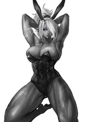 1girls armpits arms_behind_head big_breasts bunny_ears bunnysuit dark-skinned_female dark_elf dark_skin elf elf_ears elf_female female female_only hair_over_one_eye hi_res kneeling looking_at_viewer monochrome muscular muscular_female muscular_thighs narrowed_eyes ponytail purple_eyes scars solo virgoart1509 white_background