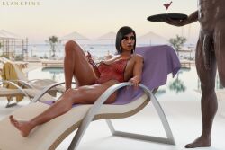 3d beach beach_towel blankpins clothed_female_nude_male dark-skinned_female dark-skinned_male fit_female huge_cock male mesh_clothing overwatch pharah piercing pubic_hair red_nail_polish see-through_clothing shocked_expression skimpy_bikini