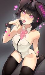 1boy animal_ears black_hair blush breasts bulge corset crossdressing cuffs detached_collar drooling erection eyelashes eyeliner eyeshadow femboy feminine_male freckles girly heart hearts hi_res indie_virtual_youtuber kneeling legwear leotard light-skinned_male light_skin lingerie makeup male male_only medium_hair mole nelewdy nelody nipples nipples_visible_through_clothing nishi_komiya_(nishi-ko) on_knees original penis penis_bulge pink_eyes precum saliva saliva_string saliva_trail short_hair small_breasts small_penis solo stockings thick_thighs thighhighs thighs tongue tongue_out virtual_youtuber