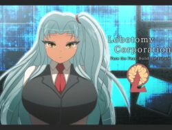 1girls angela_(lobotomy_corporation) background big_breasts blue_hair breasts expressionless female hair_ornament huge_breasts lobotomy_corporation long_hair looking_at_viewer project_moon tagme text thick_eyebrows tie yellow_eyes