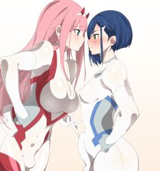 2futas bent_over big_breasts black_hair black_hair_bottom blue_eyes blue_hair blush bodysuit breast_size_difference breasts bulge bulge_through_clothing catfight clothed darling_in_the_franxx domination duo edit erect_nipples erection erection_under_clothes eye_contact flaccid futa_only futanari futmad_(editor) gloves green_eyes half-closed_eyes hand_on_penis horns human ichigo_(darling_in_the_franxx) large_breasts light-skinned_futanari light_hair_on_dark_hair light_skin long_hair navel penis_under_clothes pink_hair pink_hair_on_black_hair pink_hair_top pose rivals short_hair sia_namsbinpeni side_view sideboob simple_background size_comparison skin_tight small_breasts smile standing staredown thick_thighs wide_hips zero_two_(darling_in_the_franxx)