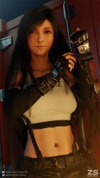 1girls 3d 3d_(artwork) 3dx black_eyes black_gloves black_hair black_legwear black_skirt blender clothed female final_fantasy final_fantasy_vii final_fantasy_vii_remake gloves long_hair red_eyes seductive seductive_smile skirt smile solo solo_female solo_focus square_enix suspender_skirt suspenders tagme tank_top tifa_lockhart white_shirt zodros