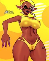 1girls big_breasts bikini cameltoe clothing dark-skinned_female dark_skin earrings eyelashes eyeshadow fangs frye_(splatoon) inkling jay-marvel long_fingernails nail_polish navel nintendo nipple_bulge nipple_piercing nipples one_eye_closed piercings pointy_ears short_hair skindentation smile solo solo_female splatoon splatoon_3 star_shaped_pupils swimsuit swimwear tattoo thick_thighs thin_waist wide_hips wink yellow_background yellow_eyes yellow_hair yellow_theme