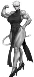 1girls abs abs_visible_through_clothing big_breasts commission dragon_ball dress female female_only flexing flexing_bicep full_body hand_on_hip heels hi_res looking_at_viewer monochrome muscles muscular muscular_female muscular_thighs red_eyes saiyan smiling smiling_at_viewer solo tail virgoart1509 white_background