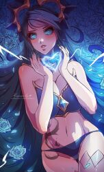 1girls alternate_version_available big_breasts blue_eyes blue_hair breast_squish breasts cute death_sworn_series evelynn female female_only heart himmely league_of_legends light-skinned_female light_skin navel shadow_evelynn succubus thick_thighs