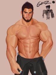 abs bara beard bodysuit daizemon_kaze dark_hair facial_hair gantz gantz_suit iblokes latex_suit looking_at_viewer male male_only mature_male muscular muscular_male painting_(artwork) partially_undressed pecs solo topless topless_male veiny_muscles