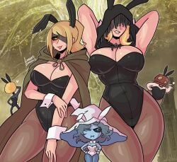 angry armpits blindfold blonde_hair blue_hair blue_skin bunny_costume bunny_ears bunny_girl bunny_tail bunnysuit cape cleavage dung_eater elden_ring embarrassed female fia_the_deathbed_companion fromsoftware funny glowing_eyes goldmask hyetta_(elden_ring) large_breasts loggus_doggus mature_female miniature_ranni nervous pantyhose ranni_the_witch