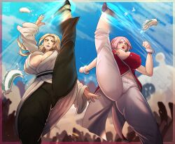 2girls areola areola_slip big_breasts blonde_hair boruto:_naruto_next_generations bracelet busty dress female female_only forehead_jewel forehead_mark heels high_heels huge_breasts katsuyu kbloodsaw kick kicking kimono kunoichi large_breasts leg_lift leg_up mature mature_female mature_woman milf multiple_girls naruto naruto_(series) ninja no_bra one_leg_up pants pink_hair puffy_nipples sakura_haruno shounen_jump slug splits teacher_and_student tsunade vertical_splits voluptuous