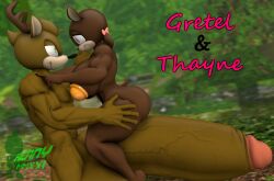 2021 3d_(artwork) anthro antlers ass balls big_balls big_breasts big_butt big_penis black_nose breasts brown_body brown_fur cervid digital_media_(artwork) duo eye_contact fan_character female forest forest_background fur genitals green_eyes gretel_(kennythebobcat) horn huge_balls huge_cock hyper hyper_balls hyper_genitalia hyper_penis kennythebobcat looking_at_another male male/female mammal nature nature_background penis plant sega sonic_(series) sonic_the_hedgehog_(series) source_filmmaker text thayne_(kennythebobcat) thick_thighs tree yellow_body yellow_eyes yellow_fur