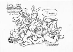 1990s 1999 1boy 20th_century 7girls ahe_gao anthro closed_eyes cum danger eric_schwartz fellatio female fur furry furry_only group hindpaw implied_sex lagomorph licking male monochrome oral orgy rabbit restraint sketch straight text tongue