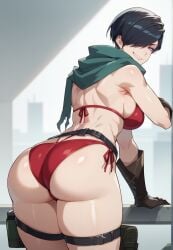 ai_generated ass ass_focus bikini black_hair blue_eyes booty gloves jackass_(nier:automata) light-skinned_female looking_at_viewer looking_back nier:_automata nier_(series) pale-skinned_female red_bikini scarf short_hair smile