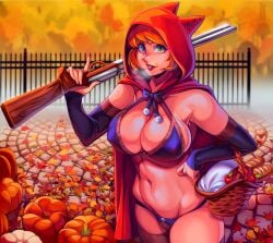 1girls autumn big_breasts cassettecreams cleavage female female_only gun halloween human little_red_riding_hood panties shotgun trigger_discipline