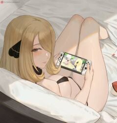 1girls bed bikini black_bikini black_swimsuit blonde_hair breasts cynthia_(pokemon) dawn_(pokemon) fur_collar grey_eyes hair_ornament hair_over_one_eye holding_nintendo_switch large_breasts long_hair looking_at_viewer lsls milf nintendo nintendo_switch pillow pokeball pokemon pokemon_bdsp pokemon_dppt sitting_on_bed swimsuit video_games