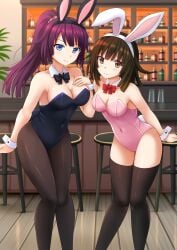 armpits ass_visible_through_thighs bar bare_arms bare_shoulders belly_button_visible_through_clothing big_breasts blue_eyes blush breasts brown_eyes brown_hair brown_thighhighs bunny_ears bunnysuit cleavage closed_mouth detached_collar hand_on_own_chest kazenokaze leotard long_hair medium_breasts monogatari_(series) pantyhose pink_leotard ponytail purple_hair sengoku_nadeko senjougahara_hitagi short_hair sideboob smile strapless strapless_leotard thighhighs thighs wrist_cuffs zettai_ryouiki