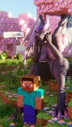 4k 9:16 absurd_res anthro areola big_breasts blue_eyes breasts clothed clothing dialogue dragon duo ender_dragon female fully_clothed genitals grass hi_res horn human jean_(minecraft) male mammal microsoft minecraft mojang mythological_creature mythological_scalie mythology nipples nude outside plant pussy scalie speech_bubble steve_(minecraft) tenshi_ai tree wings xbox_game_studios