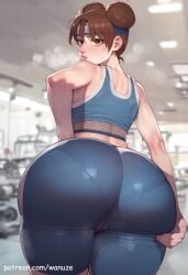 ai_generated big_ass big_breasts big_butt big_thighs blush brown_eyes brown_hair from_behind gym gym_uniform huge_ass huge_breasts huge_butt huge_thighs naruto naruto_(series) sports_bra sportswear tenten wanuze wide_hips