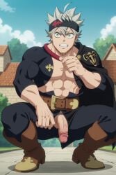 1boy abs ai_generated asta_(black_clover) bara, bare_pectorals belt black_clover black_pants boots flaccid full_body green_eyes grey_hair headband large luxeraora10 male_focus muscular muscular_male outdoors pants pectorals penis pubic_hair short_hair sky solo spiked_hair, squatting teeth tensor_art uncensored