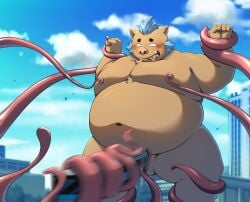 2024 anthro balls belly big_belly blush bound brown_body ganglie_(tas) genitals hi_res hisashiyo_0705 kemono lifewonders male mammal moobs navel nipples overweight overweight_male solo suid suina sus_(pig) tentacle tokyo_afterschool_summoners tongue tongue_out wild_boar