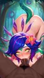 ai_generated big_breasts blowjob blue_hair deep_blowjob deepthroat face_down_ass_up flower flower_in_hair green_skin green_tail league_of_legends lemonaide_arts looking_at_viewer mixed_hair_color necklace neeko nipple_slip nipples pubes smiling tail wardrobe_malfunction yellow_eyes