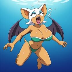 1girls ai_generated anthro barefoot bat bikini breasts cameltoe cleavage drowning feet female green_bikini green_swimsuit huge_breasts navel ocean peril rouge_the_bat sea sega sexfightfun solo sonic_(series) sonic_the_hedgehog_(series) swimsuit underwater underwater_peril water