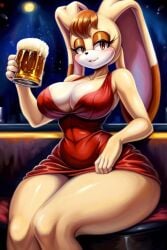 ai_generated beer big_breasts cleavage cleavage_overflow club dress drink furry furry_female mobian_(species) night_club red_dress small_waist stacked tight_clothing vanilla_the_rabbit