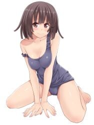 amane_hasuhito bare_arms bare_legs bare_shoulders bare_thighs barefoot blush breasts_between_arms brown_eyes brown_hair cleavage closed_mouth collarbone feet medium_breasts medium_hair monogatari_(series) one-piece_swimsuit school_swimsuit sengoku_nadeko shiny_skin sitting strap_slip swimsuit thighs toes wariza