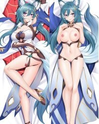 animal_ear_fluff animal_ears bare_legs breasts dakimakura_(medium) dress female fox_ears green_hair high_heels highres large_tail long_hair purple_eyes tail yukong_(honkai:_star_rail)