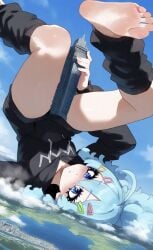 1male ai_generated amane_yuzuki blue_eyes blue_hair fanganronpa feet femboy foot_fetish giant giantess girly hoodie legwear macro soles yuzuki_amane