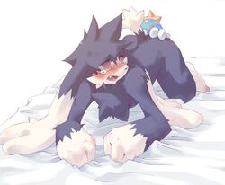 all_fours amber_eyes anal bed black blush chest_tuft cute_fang doggy_style from_behind furry gay harusuke huepow klonoa klonoa_(series) long_ear male oral raised_tail rimming short_tail tail tear