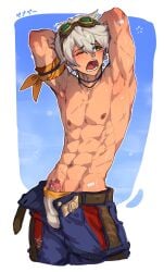 1boy abs armpit armpits bandana bandana_around_arm belt bennett_(genshin_impact) blonde_hair blush body_scars genshin_impact goggles_on_head green_eyes male_focus male_only necklace outdoors penis_out penis_out_of_pants penis_out_of_shorts penis_out_of_underwear penis_outline penis_peek precum scars scars_all_over shaved_armpit sleepy smooth_armpits smooth_chest solo_male unbuckled_belt unbuckled_pants uncircumcised uncut underwear visible_nipples waking_up white_hair yanayaa_a