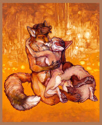 anthro background_pattern canine closed_eyes couple embrace erection female foreplay fox fur furry glans holding hug iiji intimate kissing love male oil_painting painting paws penis pussy raised_tail romantic size_difference straight tail