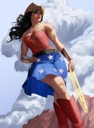 1girls alternate_version_at_source artist_signature black_hair blue_eyes bracelets clouds corset cow_girl cowboy_boots cowboy_hat dc dc_comics diana_prince lasso lasso_of_truth light-skinned_female light_skin muscular muscular_female pope_of_dairy skirt superheroine wonder_woman wonder_woman_(series)