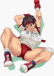 1girls :d alternate_costume arms_up athletic athletic_female bandage bandana big_breasts breasts brown_eyes brown_hair buruma capcom clothed clothed_female gloves gym_uniform headband hi_res japanese_text large_breasts lying matching_hair/eyes midriff_peek navel on_back open_mouth pinup red_bloomers red_buruma sakura_kasugano shoes short_hair simple_background smile solo spread_legs street_fighter themanyoukilled thick_thighs upper_teeth upper_teeth_only white_background