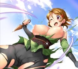 ajishio brown_hair knife koizumi_hanayo kunai love_live! love_live!_school_idol_project ninja one_eye_closed open_mouth purple_eyes tears torn_clothes weapon