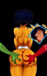 3girls alex_(totally_spies) ass_grab big_ass big_butt black_hair blush blush bubble_ass bubble_butt butt_grab clothed clothing clover_(totally_spies) dark-skinned_female dark_skin embarrassed grabbing_another&#039;s_ass grabbing_ass grimphantom oddrich sam_(totally_spies) totally_spies