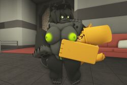 1girls 3d annoyed_expression anthro big_breasts breast_grab breasts catte_(kaiju_paradise) female from_behind furry green_nipples green_pussy happy_expression kaiju_paradise male ravenuwu roblox roblox_game robloxian self_upload shade_(kaiju_paradise) tagme