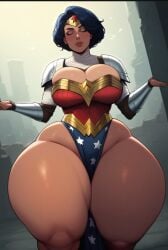 ai_generated alternate_body_type alternate_thigh_size armour big_ass big_breasts big_lips black_hair chubby_hips closed_eyes dc dc_comics diana_prince gigantic_ass gigantic_thighs hyper_thighs niduscharger short_hair thick_thighs wide_hips wonder_woman wonder_woman_(series)