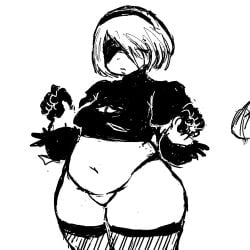 1girls bbw belly big_belly blindfold breasts chubby clothing fat female female_only hairband light-skinned_female light_skin monochrome nier nier:_automata okami_kojin overweight short_hair sketch solo thick_thighs thighhighs white_background white_hair yorha_2b