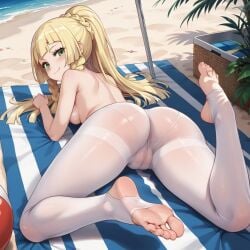 ai_generated blonde_hair cameltoe feet haremofash laying_on_stomach lillie_(pokemon) pantyhose pokemon pokemon_sm