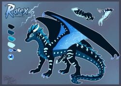 all_fours blue_eyes claws dragon erection feral genitals horn knot model_sheet mythological_creature mythological_scalie mythology penis rukifox scalie simple_background thunder toe_claws wings