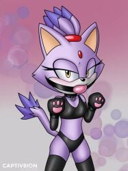 1girls anthro ball_gag black_bra black_panties blaze_the_cat bondage bra breasts captiv8ion cat_ears cat_tail catgirl collar forehead_jewel gag gagged looking_at_viewer midriff panties pawpads purple_fur small_breasts sonic_(series) thighhighs yellow_eyes