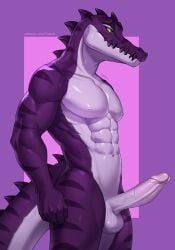 2024 abs anthro ball big_penis crocodile crocodilian genitals glistening glistening_body green_eyes hi_res humanoid_genitalia humanoid_penis male muscular nipples nude penis pupils purple_body reptile scalie sharp_teeth slit_pupils solo striped_body stripes teeth white_body yasmil