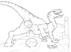 3_toes all_fours ass athus bed dinosaur egg egg_laying female long_neck looking_at_viewer looking_back money open_mouth presenting pussy_juice raised_leg raptor scalie solo spread_legs spreading tongue