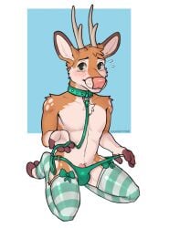 absurd_res anthro blush bow_ribbon clothing deer femboy footwear fur genitals hi_res leashed_male legwear male mammal markings orange_body penis simple_background socks solo spots spotted_body spotted_fur thigh_highs undeerniable white_body white_fur