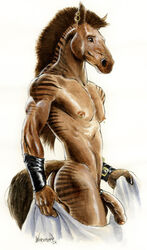 1boy 2000 anthro bracers cock_ring ear_piercing equine horse horsecock male male_only muscular muscular_male nipple_piercing nipple_ring nipples nude penis piercing pinup roan semi-erect solo stripes uncut werepuppy zorse