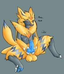 absurd_res anthro ball_markings balls black_body black_fur bodily_fluids canid canine claws cum cum_drip cum_on_chest cumshot cyber_comet detailed_genitals digitigrade dripping ejaculation erection fan_character fangs fox fur generation_7_pokemon genital_fluids genital_markings genitals heart_symbol hi_res holding_knot holding_penis inner_ear_fluff knot leg_markings legendary_pokemon looking_pleasured male male_focus male_only mammal markings navel nintendo pawpads penis pokemon pokemon_(species) pulsar_(cyber_comet) sitting solo spread_legs spreading stripes tail teeth text thigh_markings tuft vein veiny_penis yellow_body yellow_fur zeraora